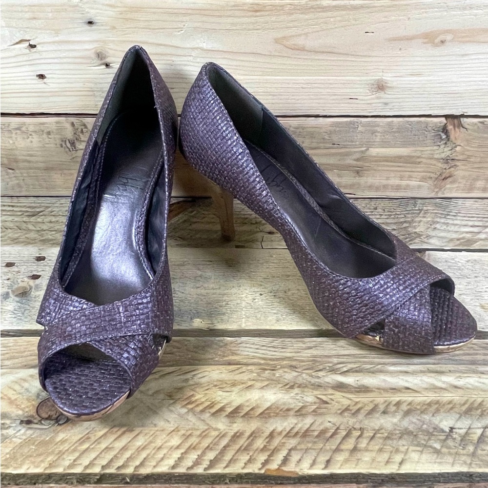 Sam & Libby Slemilia Heels 8M Purple Peep Toe 4” Metallic Pumps Cone Cork Shoes